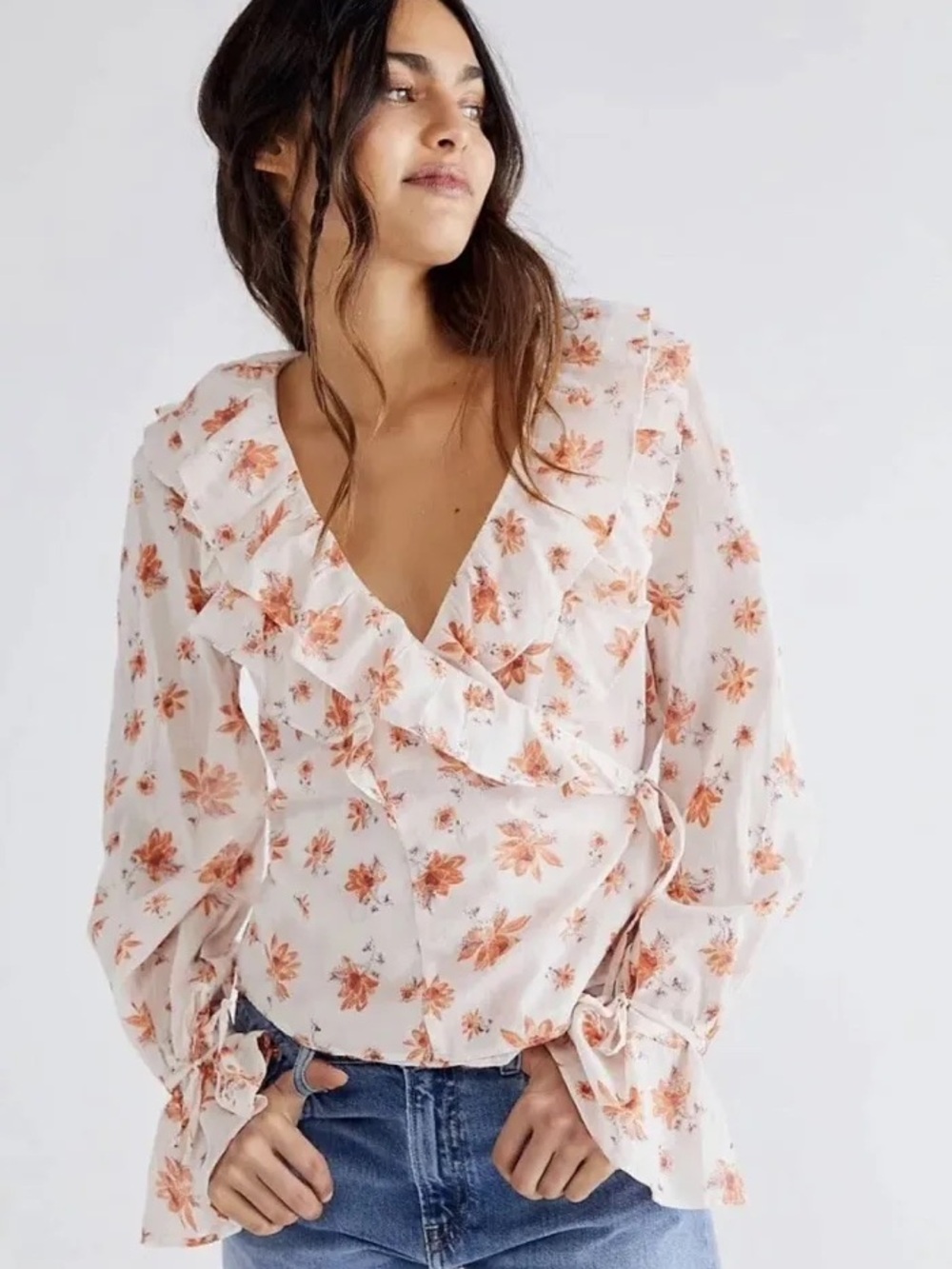 Free People Cream Blouse with Orange Pink Floral Ruffle Wrap